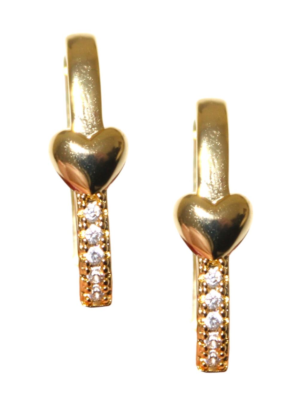 Dainty Gold Tone Elongated Earrings with Heart Motif & Crystals